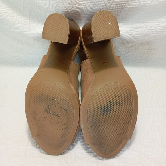 Lulus Sandals Block Heel Suede Peep-Toe With Adjustable StrapTan - Picture 9 of 10